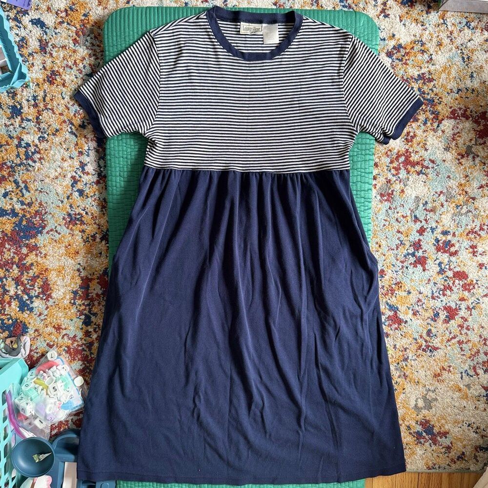 Vintage Adonna Leisure Wear Maxi Dress Navy Blue White Striped L 90s USA Made